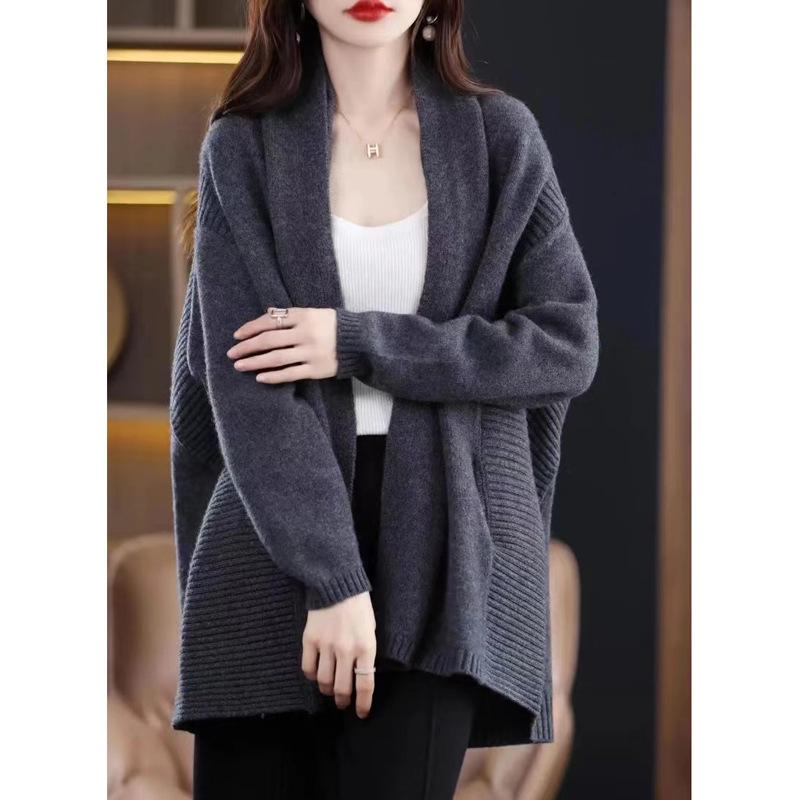 Women's 100% Pure Wool Knit Mid-Length Drop Shoulder Cardigan - Autumn/Winter Collection