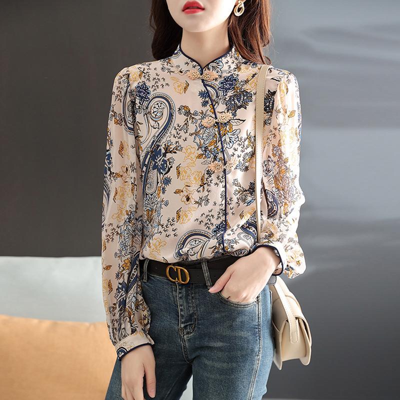 

Spring Autumn Long Sleeve Printing Chic Chinese Style Trend Button Blouses New Women s Clothing Tops All-match T-Shirt S белый