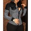 Women's Slim Fit Long Sleeve Button Down Shirt Collar PU Patch Houndstooth Print Blouse