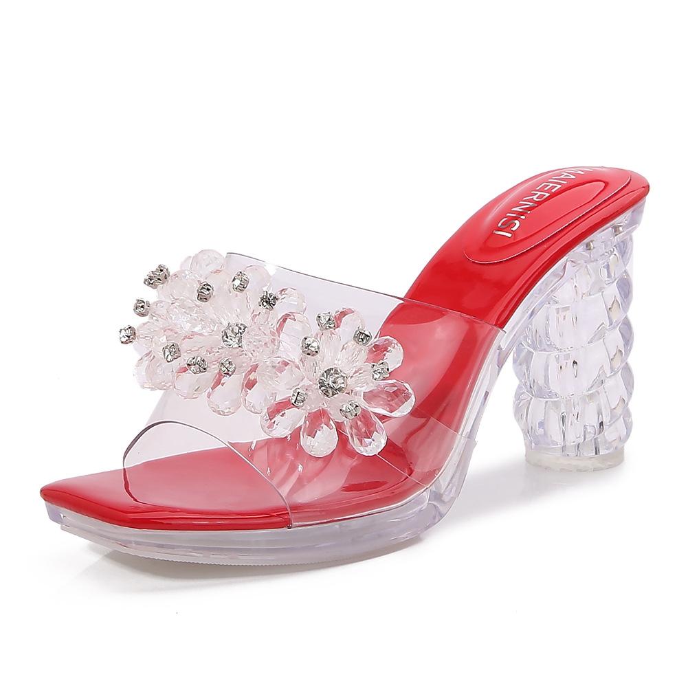 

Прозрачные босоножки на толстом высоком каблуке со стразами, летняя обувь, хрустальные сандалии, обувная фабрика, новые подиумные сандалии 43 красный