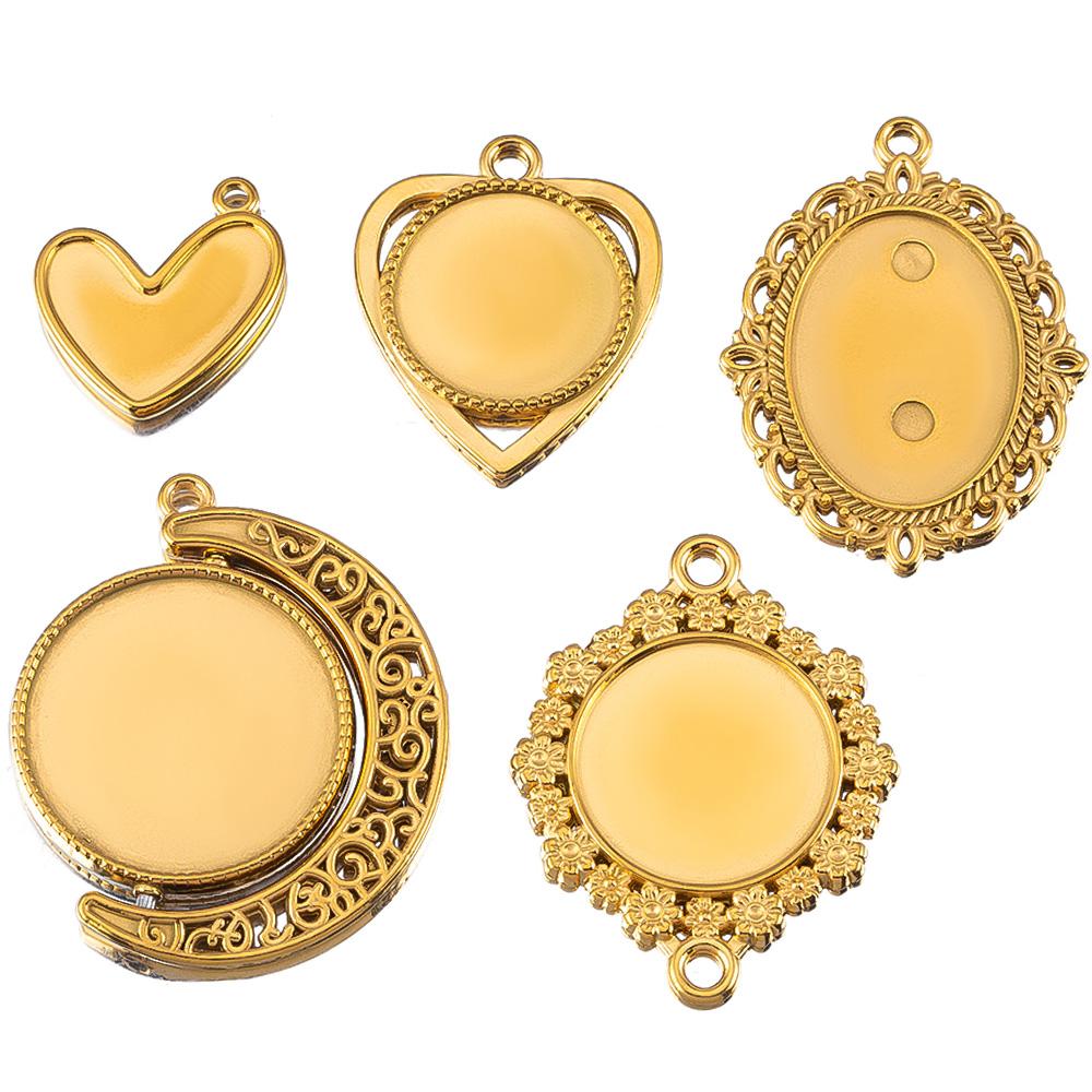 2pcs Stainless Steel Retro Heart Round Charms Blank Tray Base Gold Plated Cabochon Cameo Base Tray Bezel Pendant Jewelry Finding