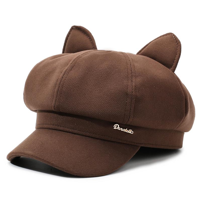 Ladies' Cute Cat Ear Retro Octagonal Beret - Fashionable, Versatile, Face-Flattering Artist Hat