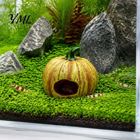 Aquarium Cave for Small Fish Pumpkin Hideout, Halloween Tank Decoration, Resin Jack-O-Lantern Decorative Habitat Hide Betta Shrimp Aquatic