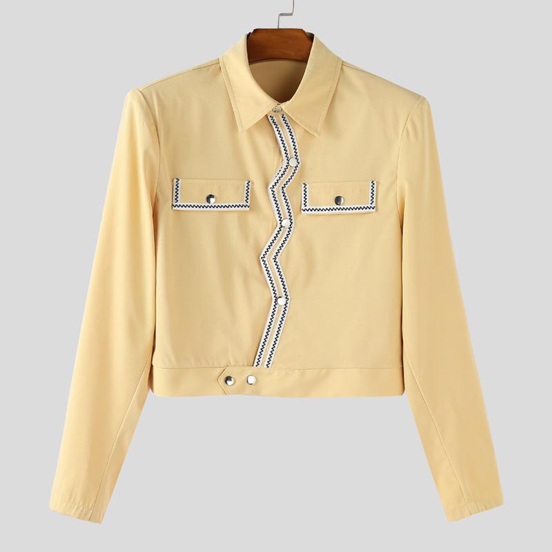 INCERUN Men Long Sleeve Button Texture Hem Stitching Short Coats Jackets