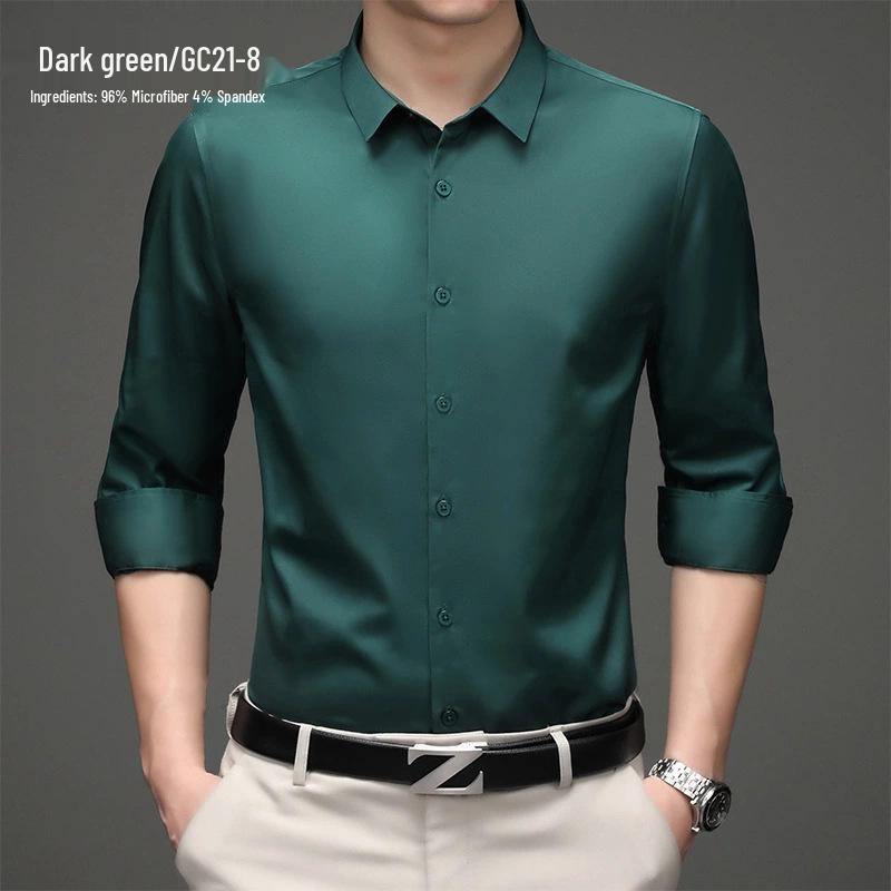 Men's Solid Color Iron-Free Stretch Korean Style Slim Fit Long Sleeve Business Casual Shirt - White
