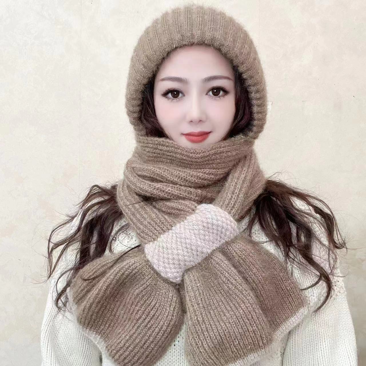 Drop Shipping of Gifts YHY Double-spun Knitted Versatile  Scarf and Hat One-piece Knitted Hat One size fits all
