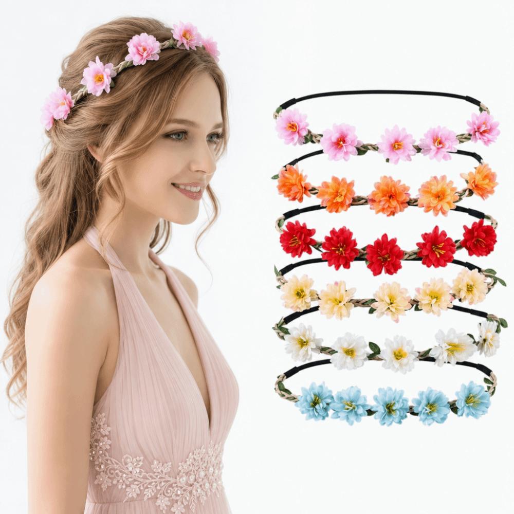 Adjustable Ribbon Floral Wreath Crown Hand Woven Bohemia Garland Headpiece for Girls Women