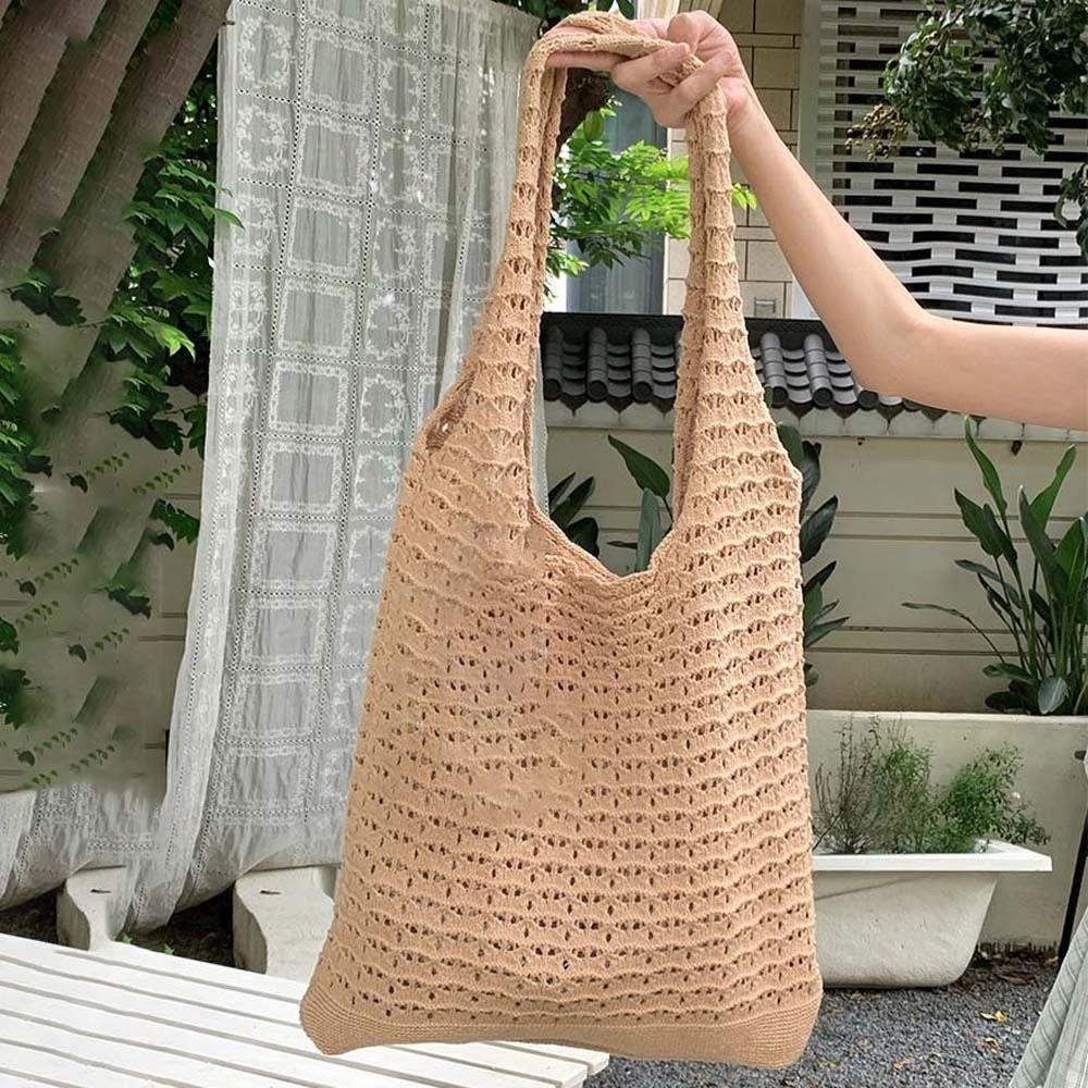 Grote Haak Tassen Tas Lichtgewicht Koreaanse Stijl Hol Geweven Schoudertas Polyester Effen Kleur Breien Handtas Lente