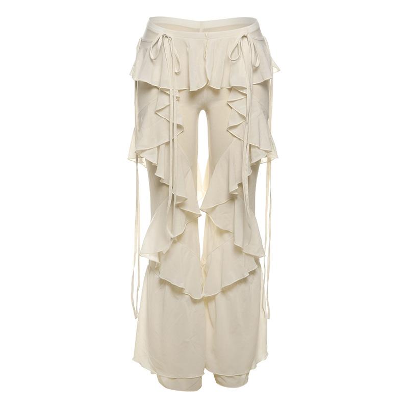 Women s High Waist Wide Leg Pants with Tiered Ruffled Hem in Beige S