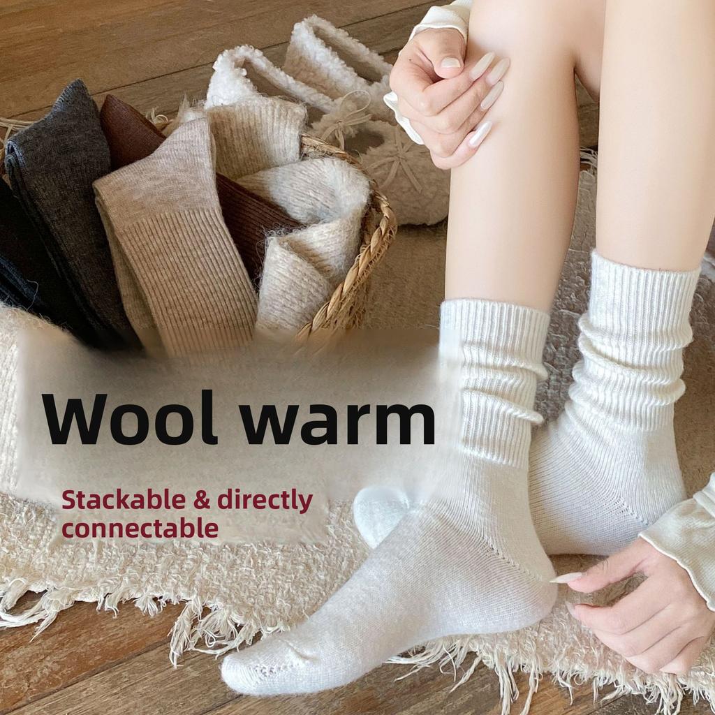 Female Autumn and Winter Style Warm Retro Solid Color All Match Pinstripe Wool Long Stack Socks