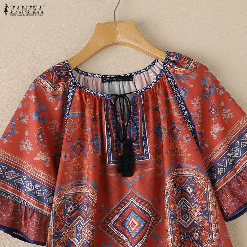 ZANZEA Camicetta Casual da Donna con Stampa Etnica, Girocollo, Manica a Metà, Vestibilità Larga