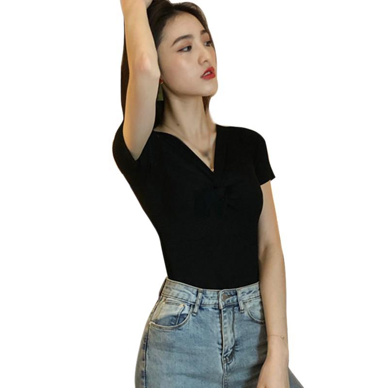Women V Neck Knot Solid Short Sleeve Knitted T-Shirt