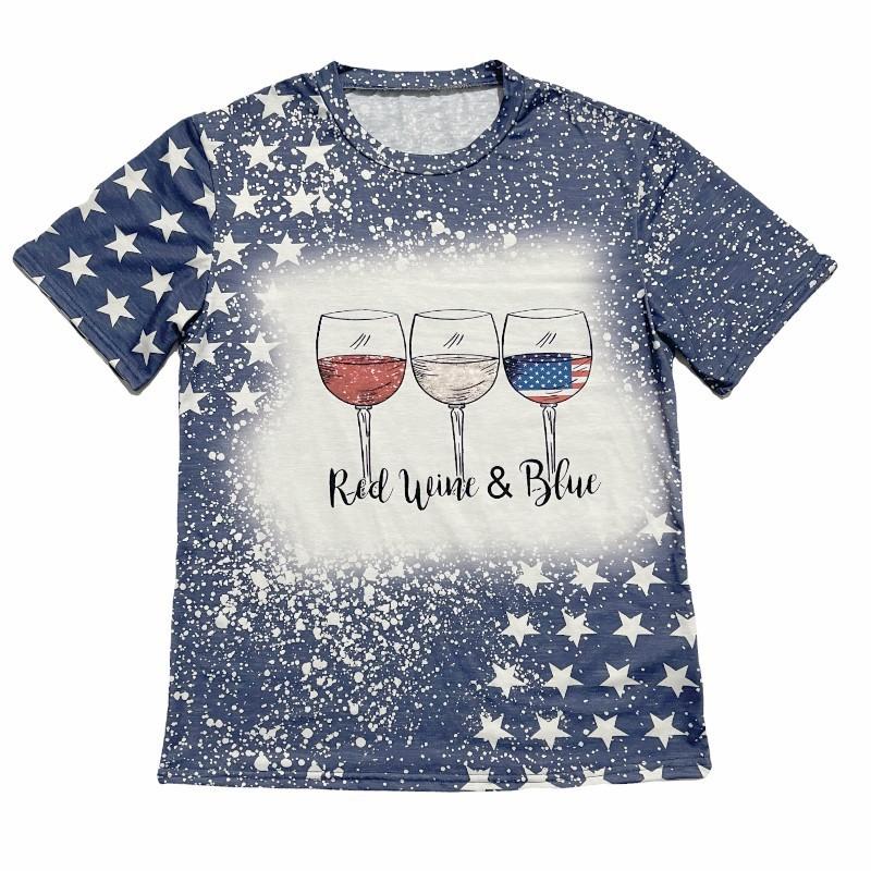 Women's Creative Flag Bottom Top Simple Star Bar Round Neck Short Sleeve T-Shirts Women’s