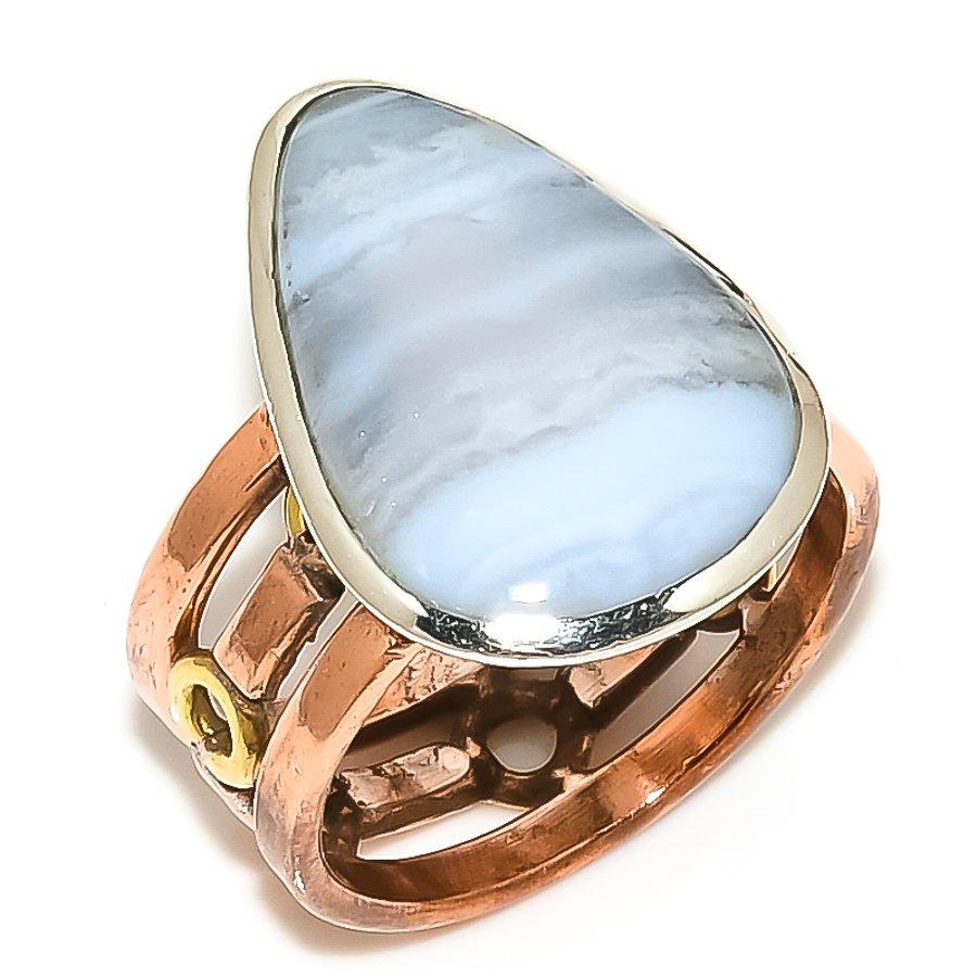 

Natural Blue Lace Agate Two Tone 925 Solid Sterling Silver Gift Ring S.8.5 c6T13