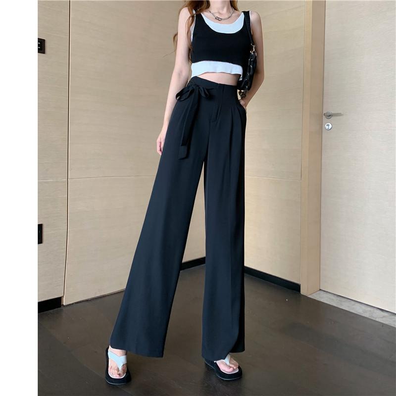 Women's High Waist Tie Waist Straight Leg Pants Loose Fit Casual Style Solid Color Polyester Dress Pants Spring Summer Trousers