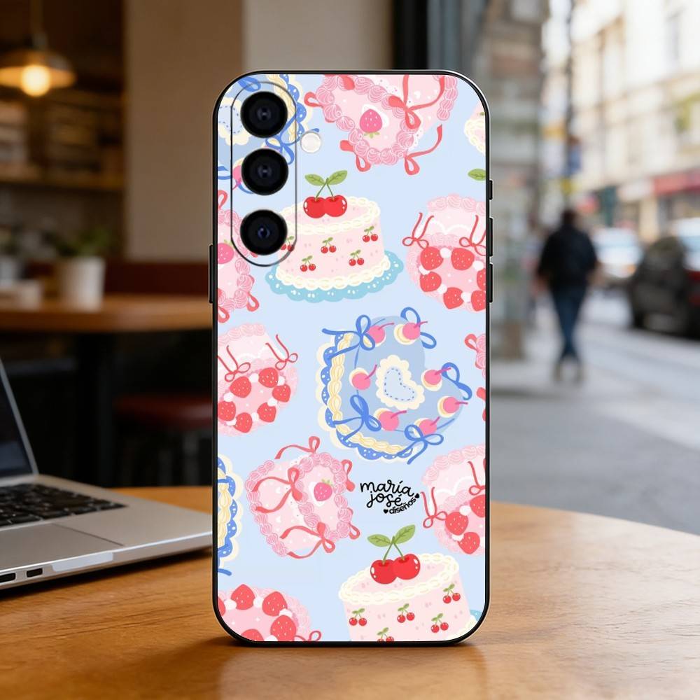 INS Cream Strawberry Cake Cartoon Cute Phone Case Black Silicone Soft For Samsung Galaxy A73,A72,A71,A70,A53,A52,A51