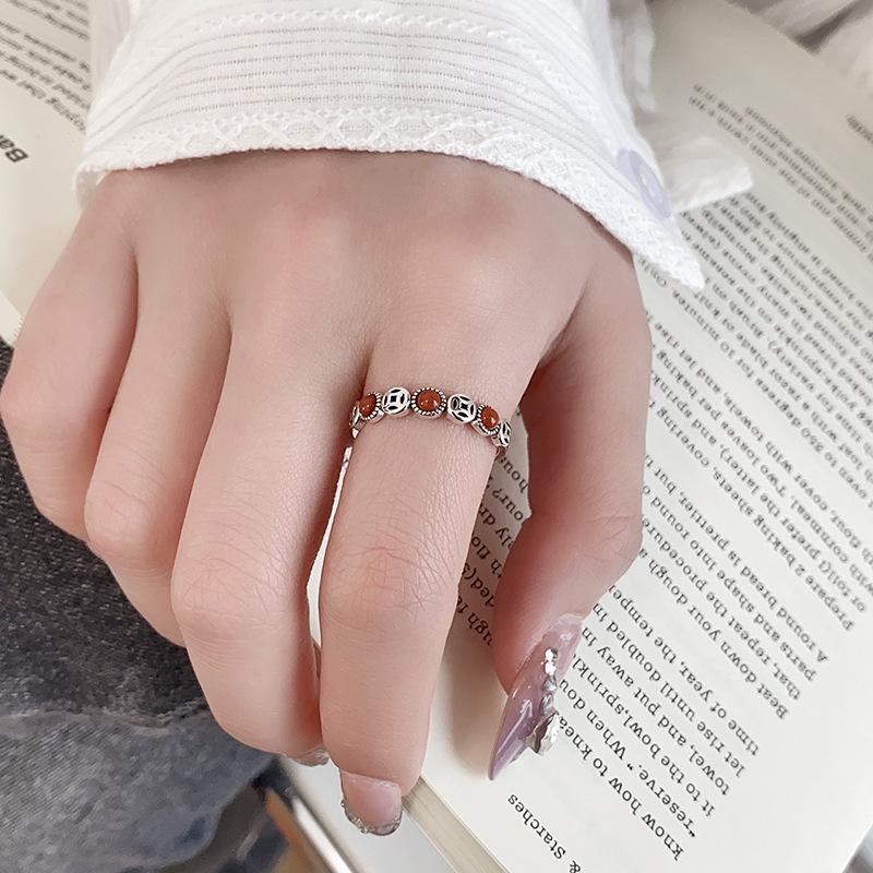 CaiYi S925 Sterling Silver Natural NanHong Agate Coin Ring - Chinese Style Luck & Wealth Accessory