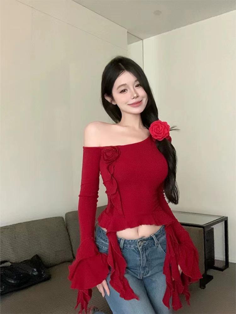 Женский красный облегающий топ с длинным рукавом и открытыми плечами - Осенний сексуальный стиль Large красный