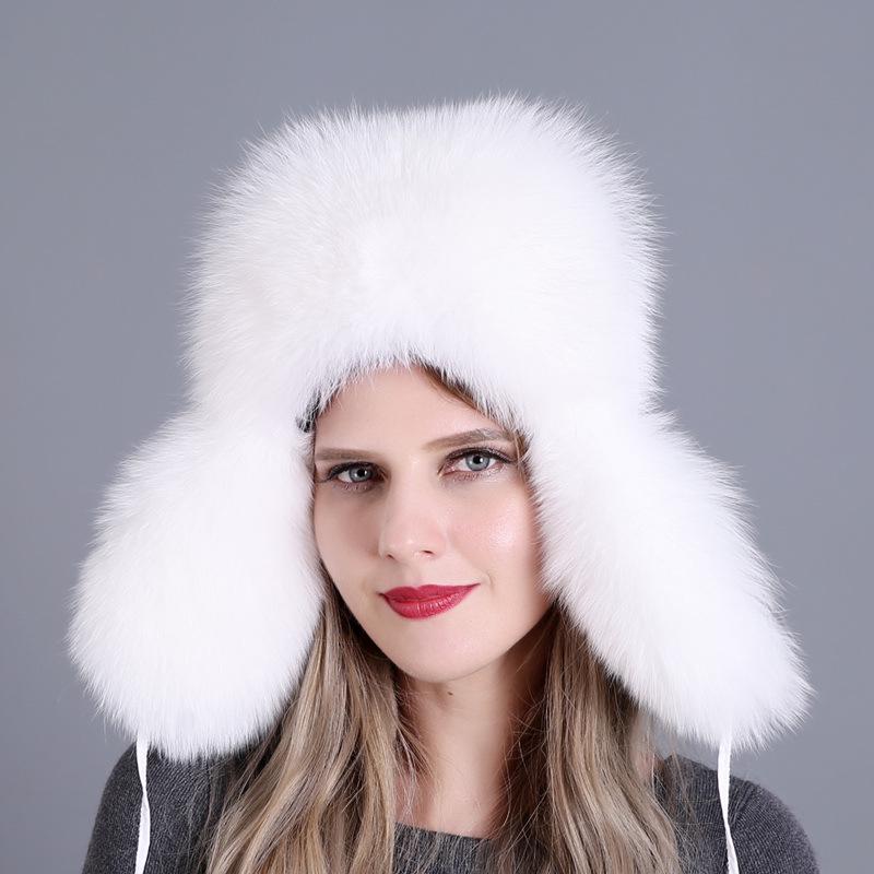 100% Real Fox Fur Hat Women's Russia Pilot Catcher Ski Cap Cap Ear flap winter raccoon fur pilot cap