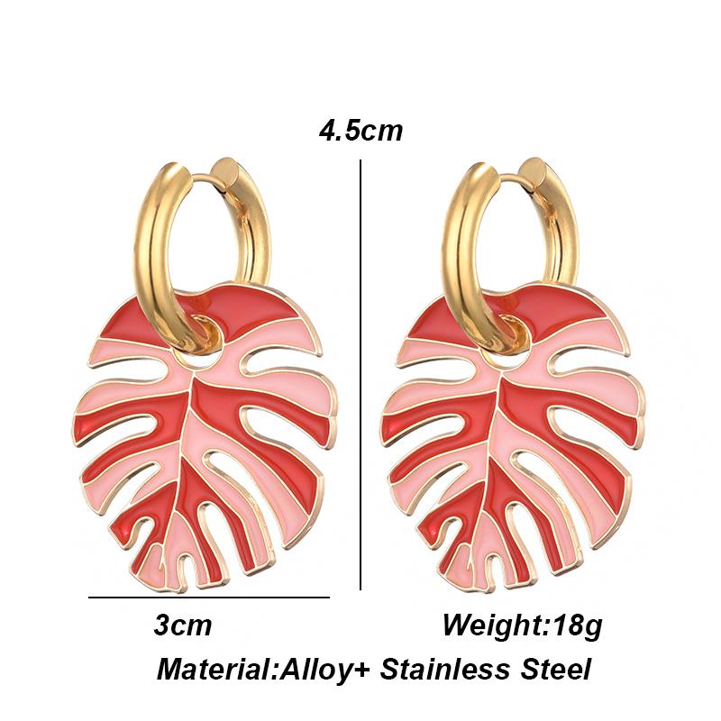 Colorful Enamel Leaf Earrings for Women Fashion Exquisite Stainless Steel Round Hoop Earrings Female Party Wedding Jewelry