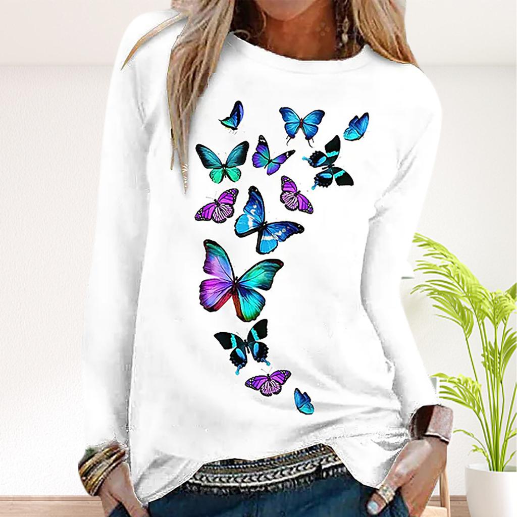 Tops de otoño para mujer, camiseta informal de manga larga con estampado de mariposas y gatos holgados, blusa superior