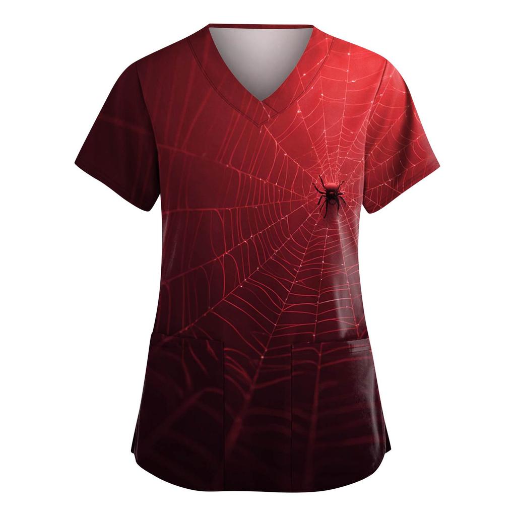 Women's Fashion V-Neck Short Sleeve Overalls With Pockets Halloween Printed Tops  Apparel