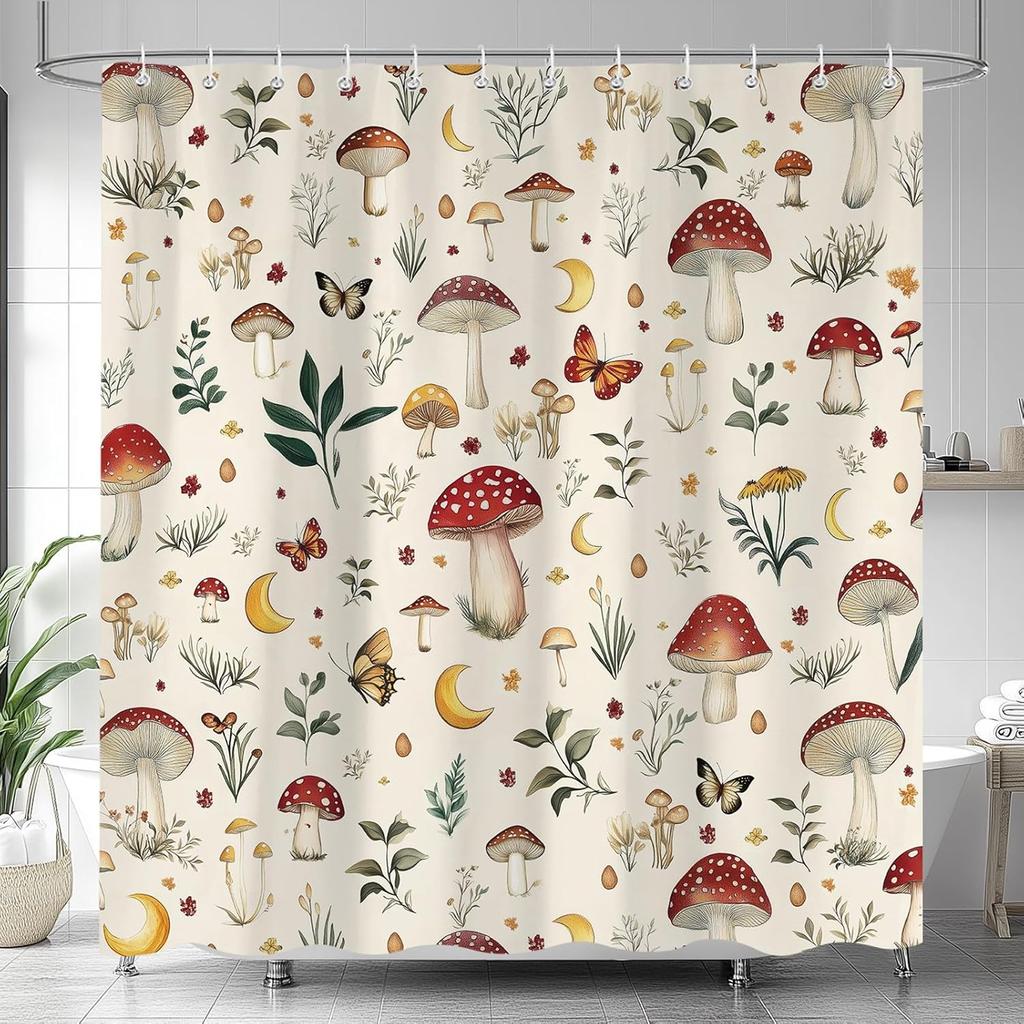 Mushroom Shower Curtain, Cute Funny Nature Botanical Plant Design Bath Curtains for Bathroom, Vintage Flower Butterfly Beige