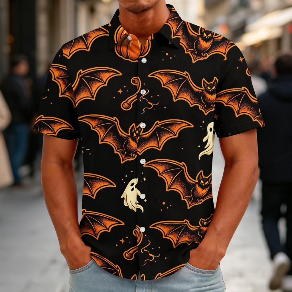 Herren Halloween Bedrucktes Vintage Textur Hemd Locker Atmungsaktiv Kurzarm Knopfleiste Lässiges Streetwear Oberteil für den täglichen Gebrauch
