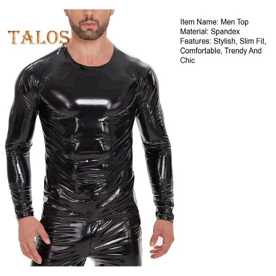 Men's Liquid Shiny Faux Leather Top Metallic Wet Look Long Sleeve Tee Zipper Shoulder Slim Fit Shirt Hip Hop Nightclub Party Blouse