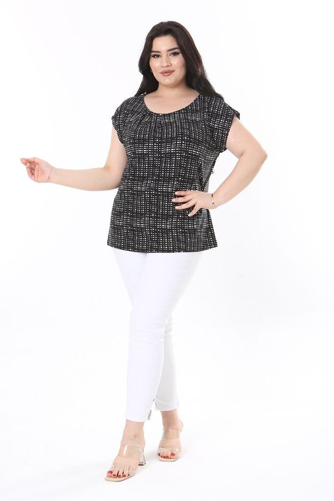 Damen Übergröße Bluse Plus Size Schwarz Rundhals Brustgefaltete Bluse