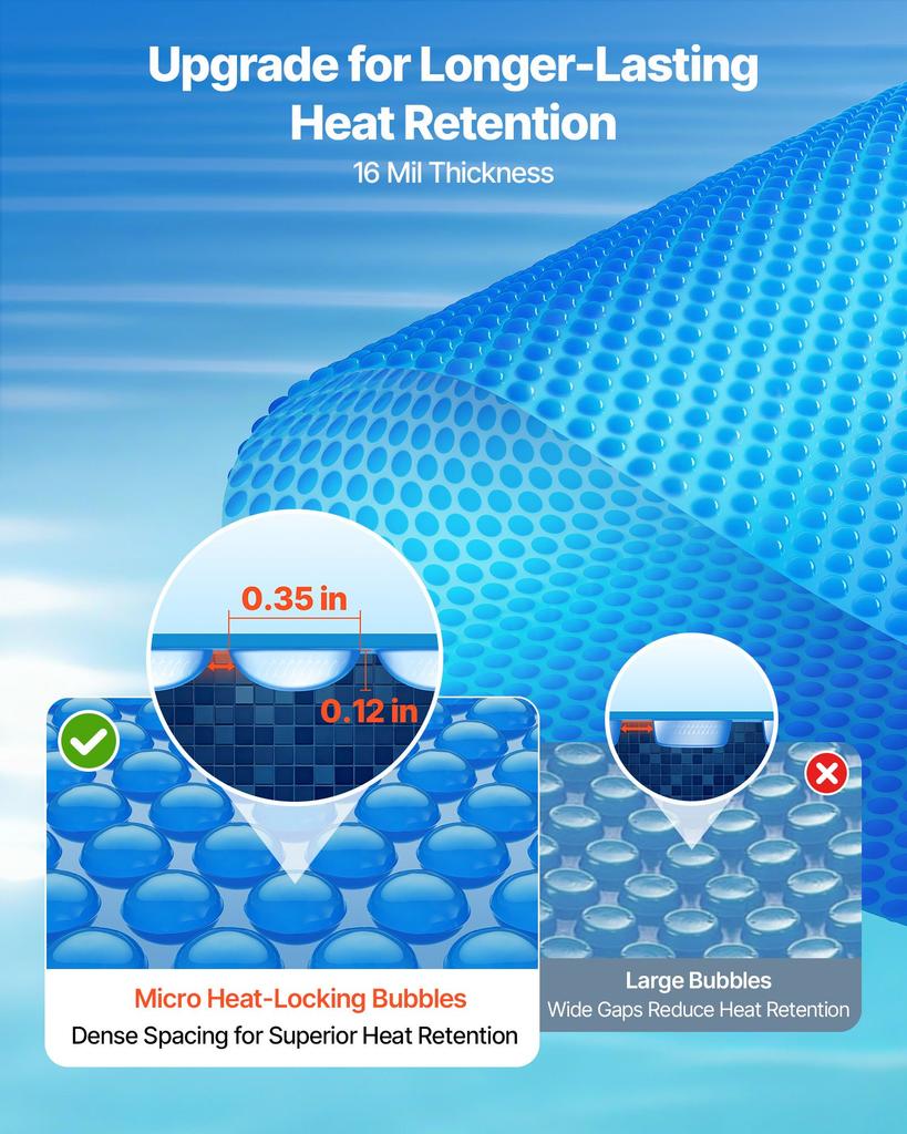 VEVOR Solar Pool Cover, 18 ft Round Pool Bubble Cover, 16 Mil Pools Solar Blanket with Bubble & PE Material, Daytime Heat Absorption