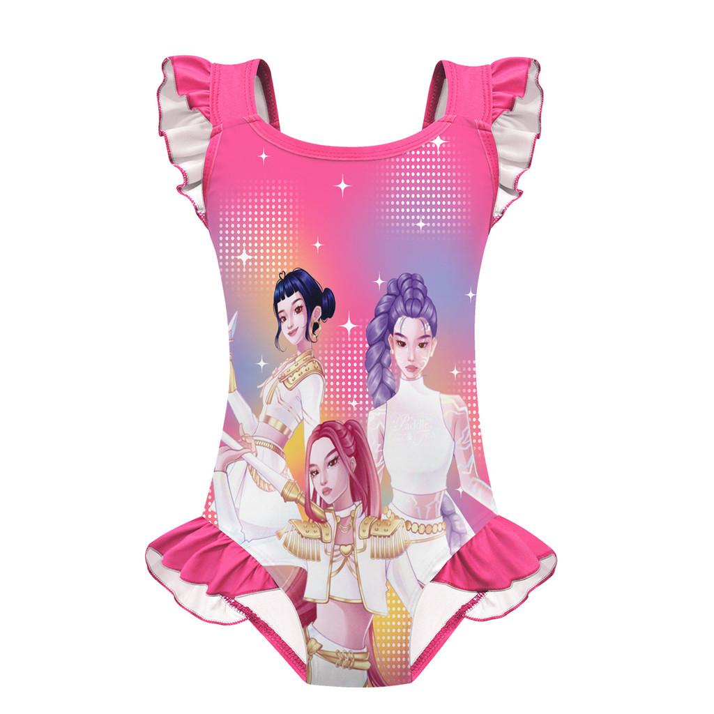 

Дитячий Дівчачий Аніме Мультяшний K-Pop Румі Зої Міра Принт Волан Без рукавів Суцільний Купальник Купальний костюм 160cm