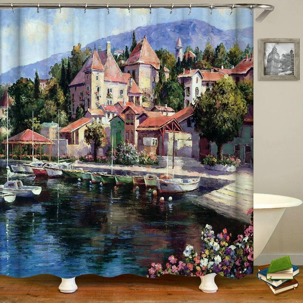 Town Street Scenery Shower Curtains Home Decor Polyester Fabric Bathroom Shower Curtains Oil Painting Waterproof Bath Curtains
