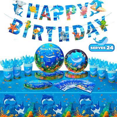 180pcs Ocean Sea Party Tablewear Set - Plates Cups Napkins Tablecloth Banner Etc Ocean Animal Party Tableware for Under The Sea Party Decorations