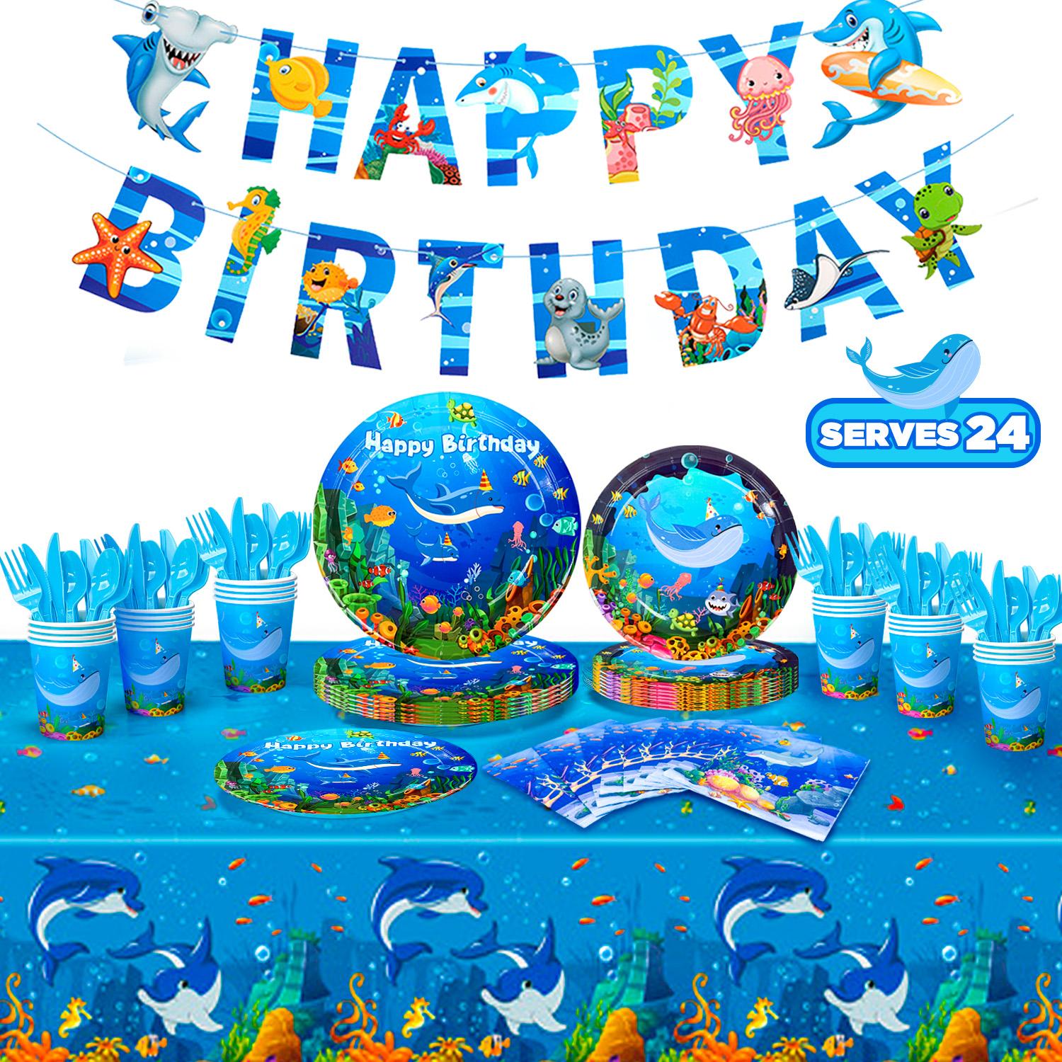 180pcs Ocean Sea Party Tablewear Set - Plates Cups Napkins Tablecloth Banner etc Ocean Animal Party Tableware for Under The Sea Party Decorations синий