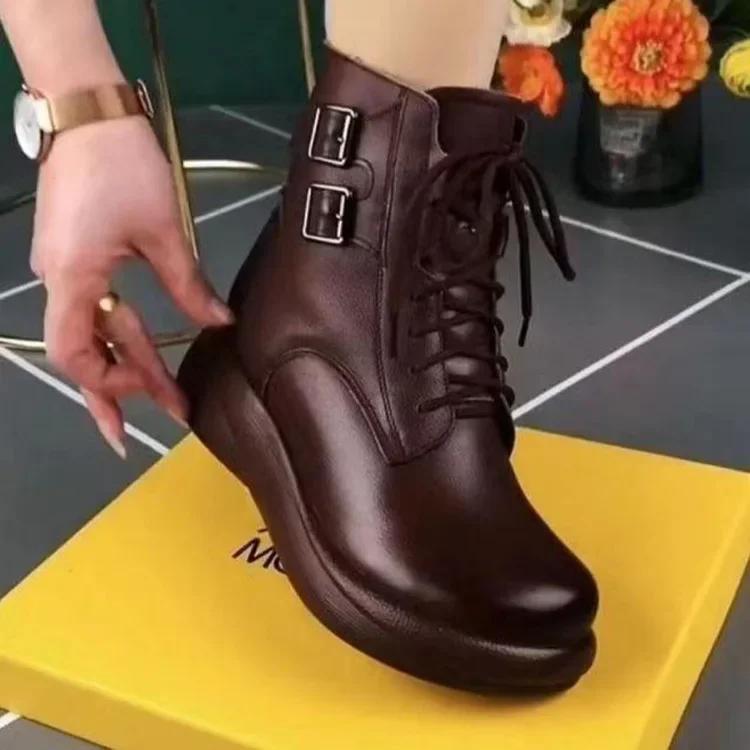 

Fashion Snow Boots Platform Shoes for Women Leather High Heels Warm Plush Lace Up Zip Chunky Shoes Female Large Size Ankle Boots 35 коричневый