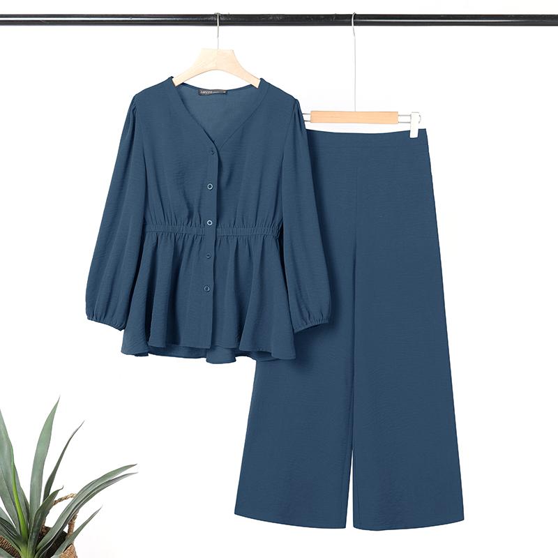 

ZANZEA Женская блузка с длинным рукавом и брюки повседневный комплект из двух частей 4XL синий