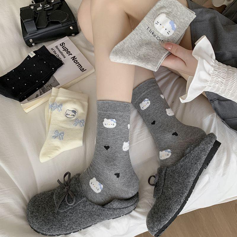 Early Autumn Boneless Socks Flocked Korean Cute Cartoon Bow Cat Mid-Tube Socks Versatile Socks Cotton Socks