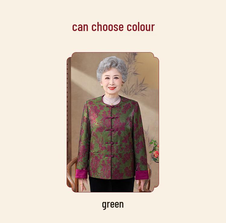 Spring Floral Wool & Cotton Frog Button Jacket for Middle-Aged and Elderly Women - Loose Plus Size