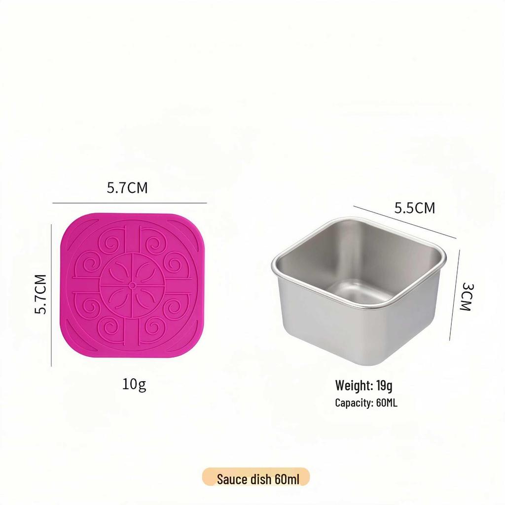 Stainless Steel Sauce & Salad Container with Silicone Lid, 60/180ml, Leakproof Square Design