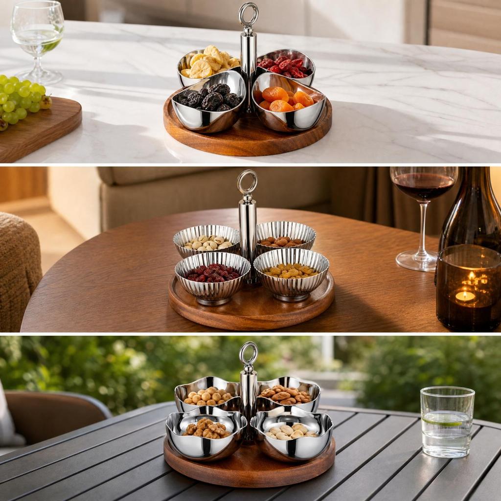4 Pieces Stainless Steel Snack Bowl with Wooden Tray Reflective Polished Serving