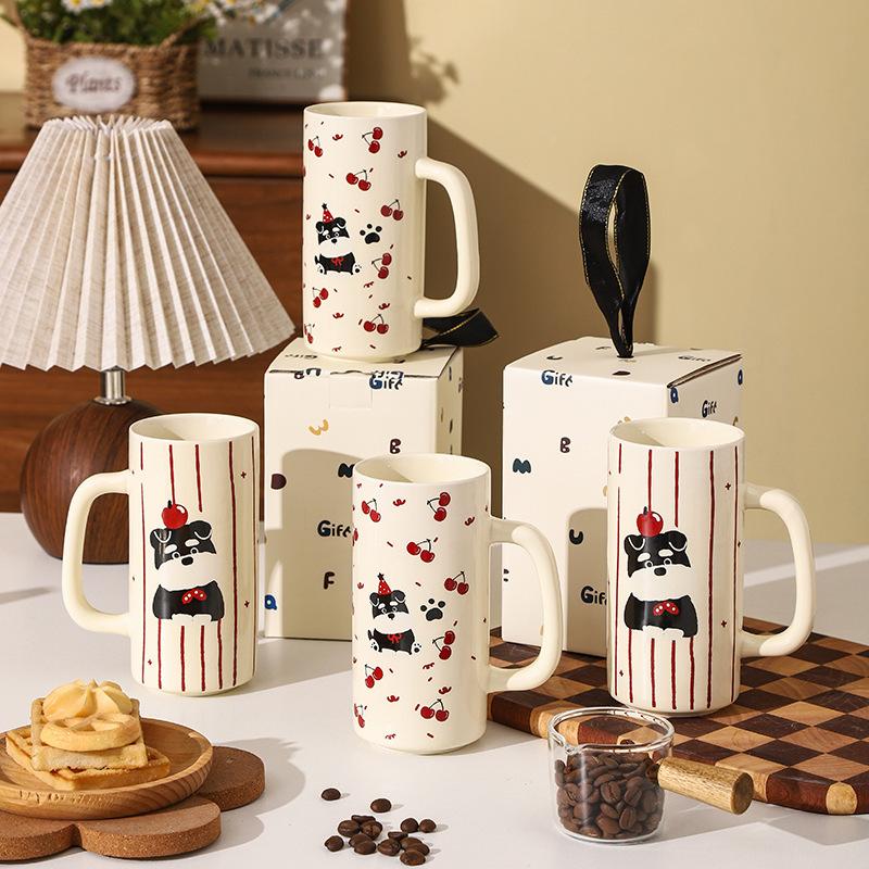 Schnauzer Vysoce hodnotný keramický hrnek na vodu Dárek ke Dni dětí Kreslený hrnek Velký objem Rovný hrnek Suvenýr