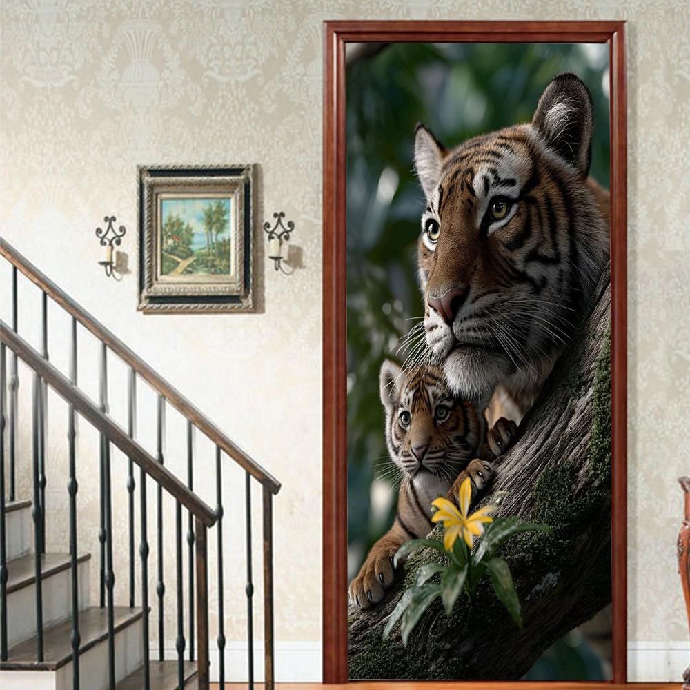 1 Stück Tiger Veranda Vinyl Türsticker Für Schlafzimmer Heimdeko Selbstklebend Abnehmbarer Wandaufkleber Türrenovierung Wasserdichtes Poster