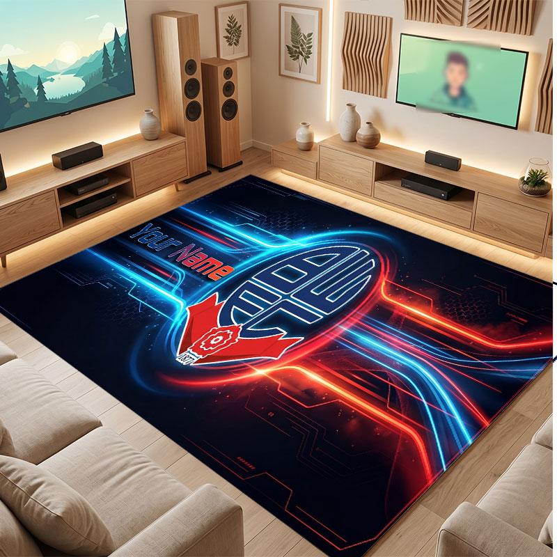 Bolton Wanderers FC Custom Crystal Velvet Rug, Personalized Name Text Print, Football Logo Soft Non‑Slip Floor Mat Home Decor Gift