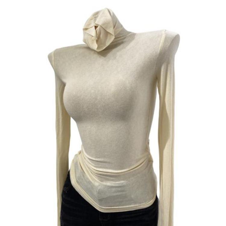 High Collar Long Sleeve Slim Base Shirt Women Solid Color Elastic Tops for Autumn Winter