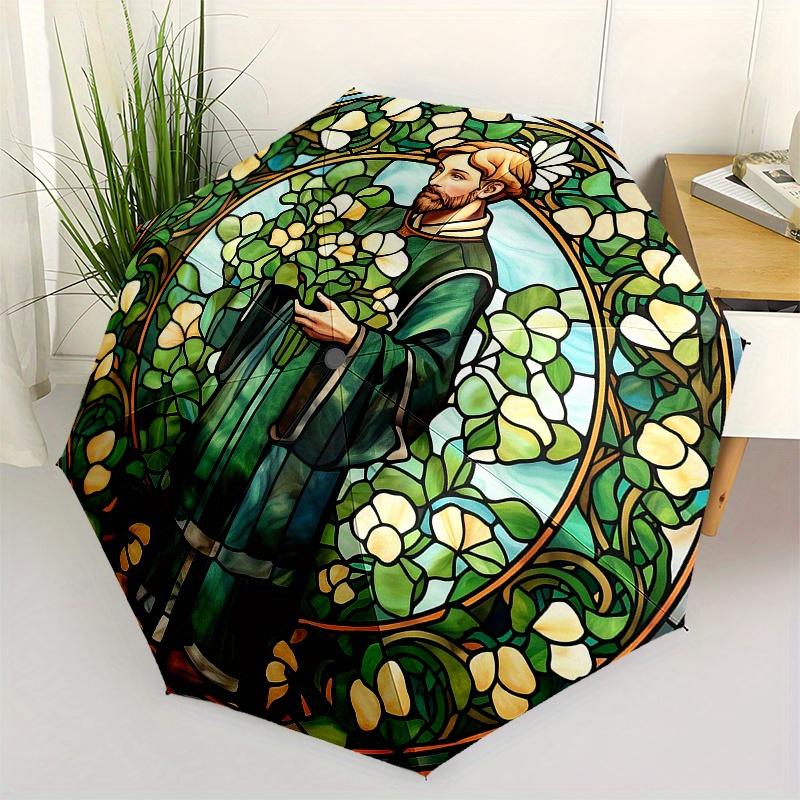 

Stained Glass Window Panel, Saint Patrick Design Umbrella, Cute Umbrella with Cute Design, Portable 3-Fold Compact Umbrella for Men & Women, Valentine