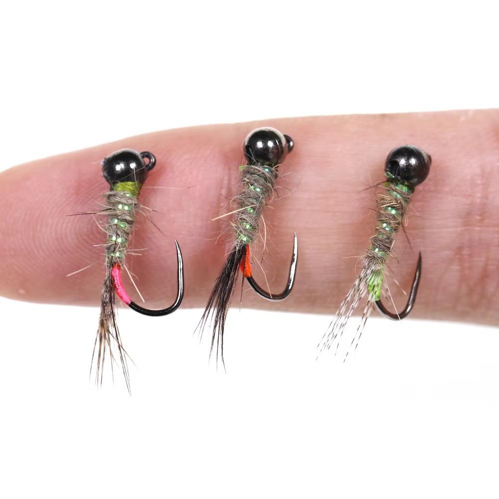 Bimoo 6pcs Black Tungsten Head Fluorescent Orange Pink Green Jig Fly Euro Nymph Perdigon Nymphs Fast Sinking Trout Fishing Lure
