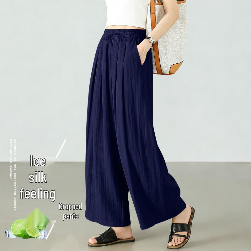 Women's Summer Ice Silk Cropped Loose-Fit Plus Size Pants, Elastic Waist & Petite 8-Point Casual Thin Pants
