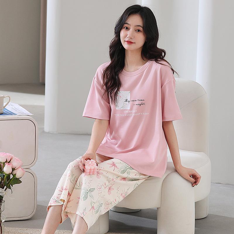 Cotton and silk pajamas women's summer thin round neck short-sleeved cropped pants Korean version Modal soft loose loungewear suit