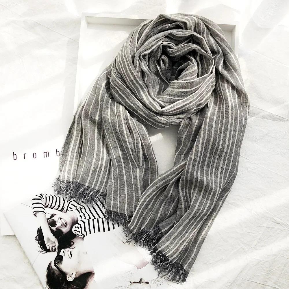 New 190*80cm Artistic Style Striped Cotton Linen Scarf Shawl Men's and Women's Same Style Mori Foulard En Mousseline Scarves